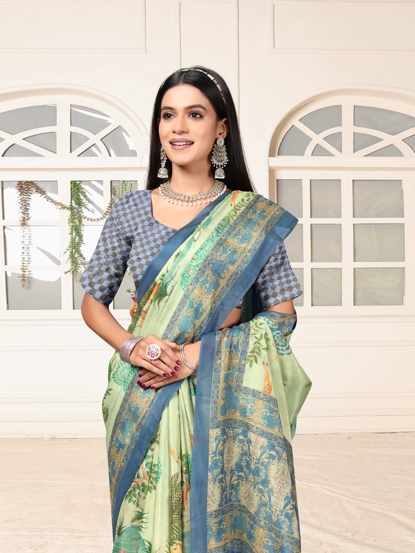 Pastel Green Designer Dolla Silk Saree with Blue Border