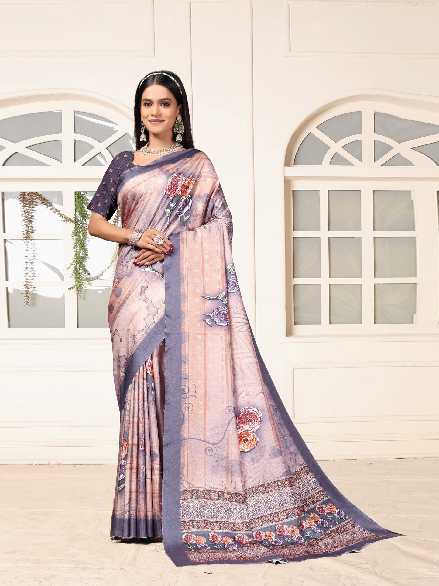 Purple Dolla Silk Elegant Floral Print saree for women
