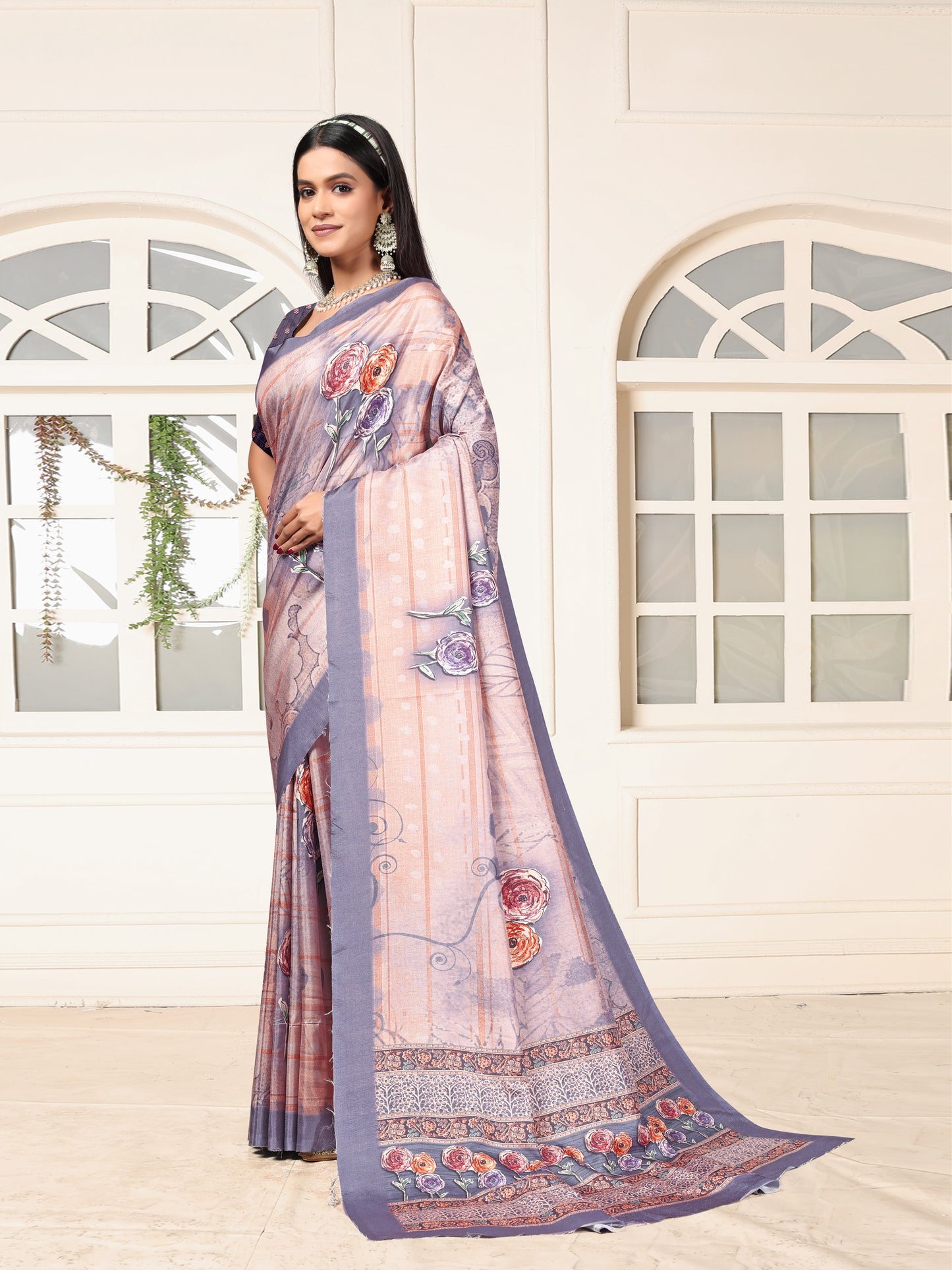 Purple Dolla Silk Elegant Floral Print saree for women