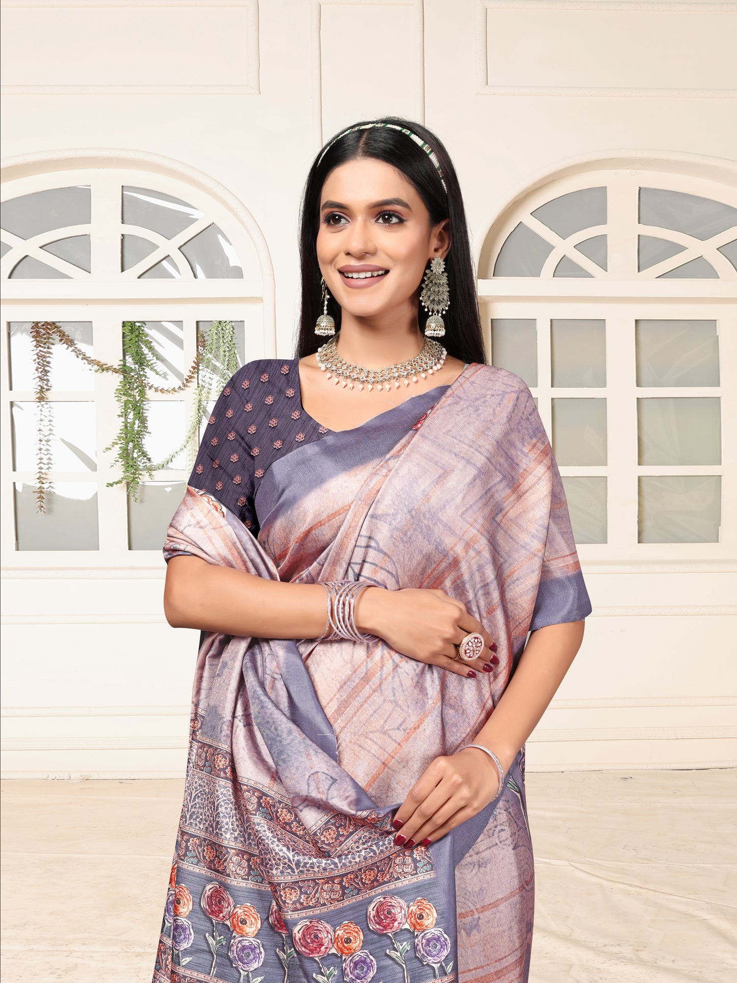 Purple Dolla Silk Elegant Floral Print saree for women