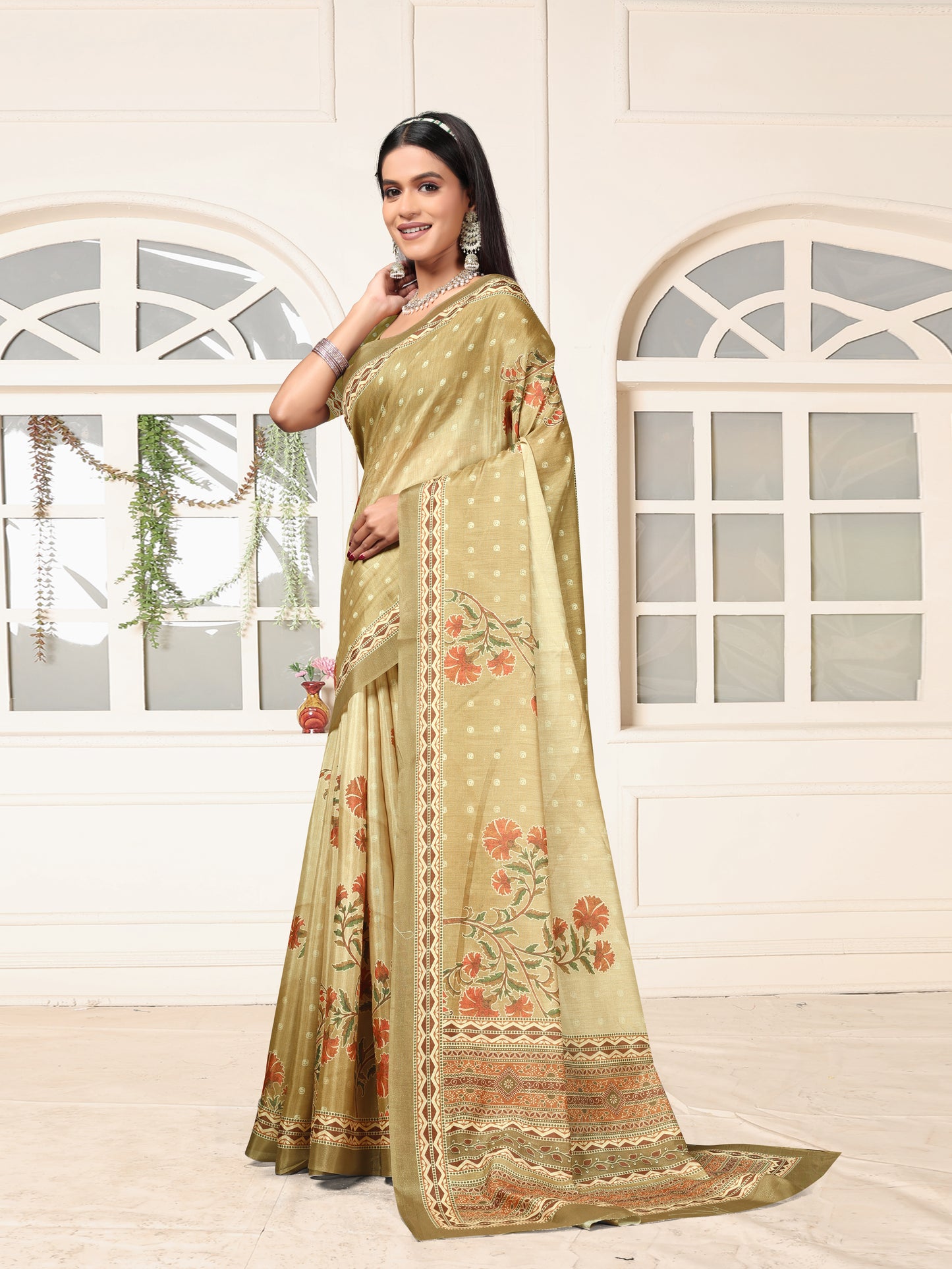 Mustard Brown Dolla Silk Printed Ethnic Saree Casual Daily Festive Wear