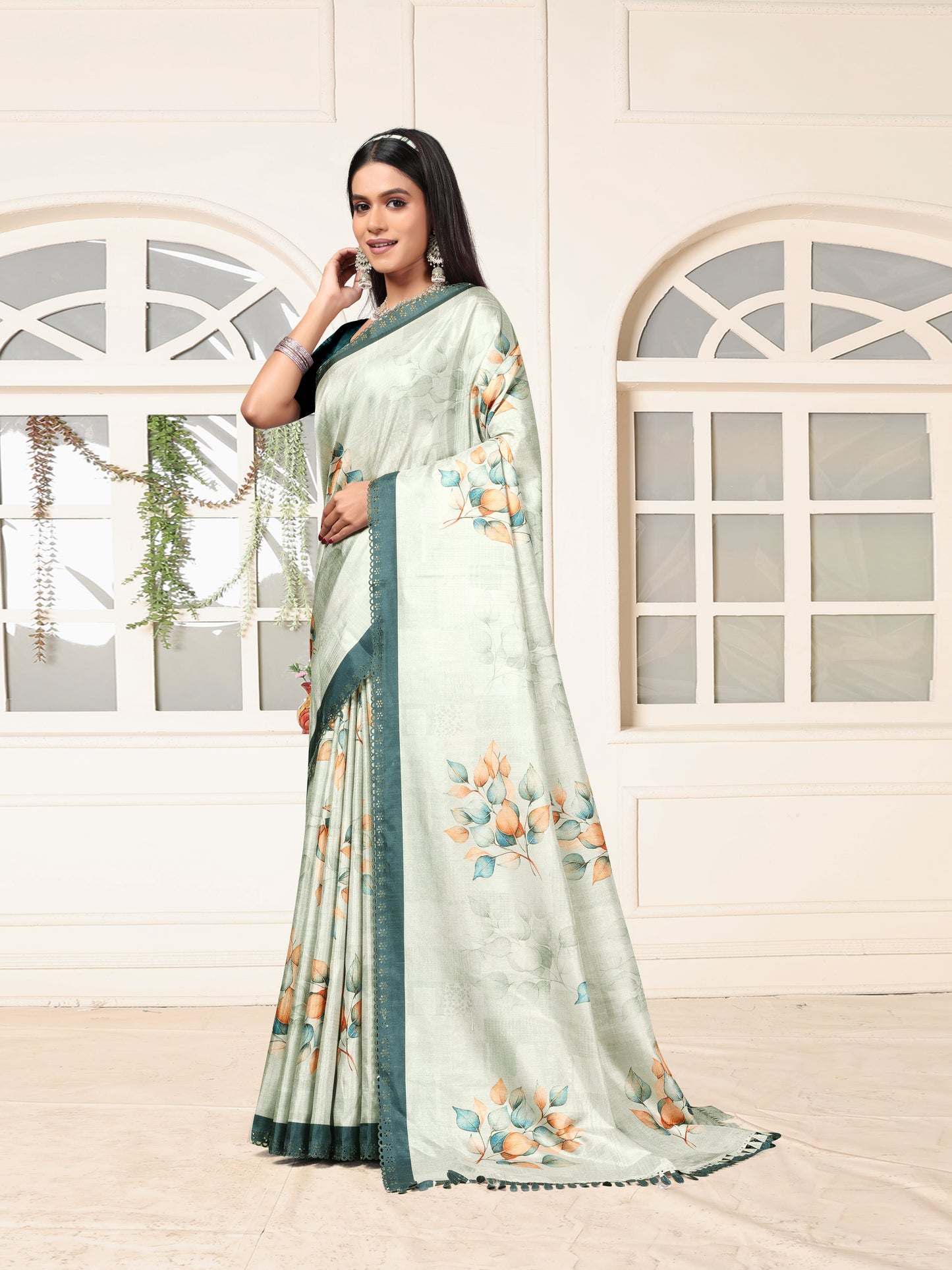 Sage Green Floral Silk Saree | Elegant Festive & Daily Ethnic Wear