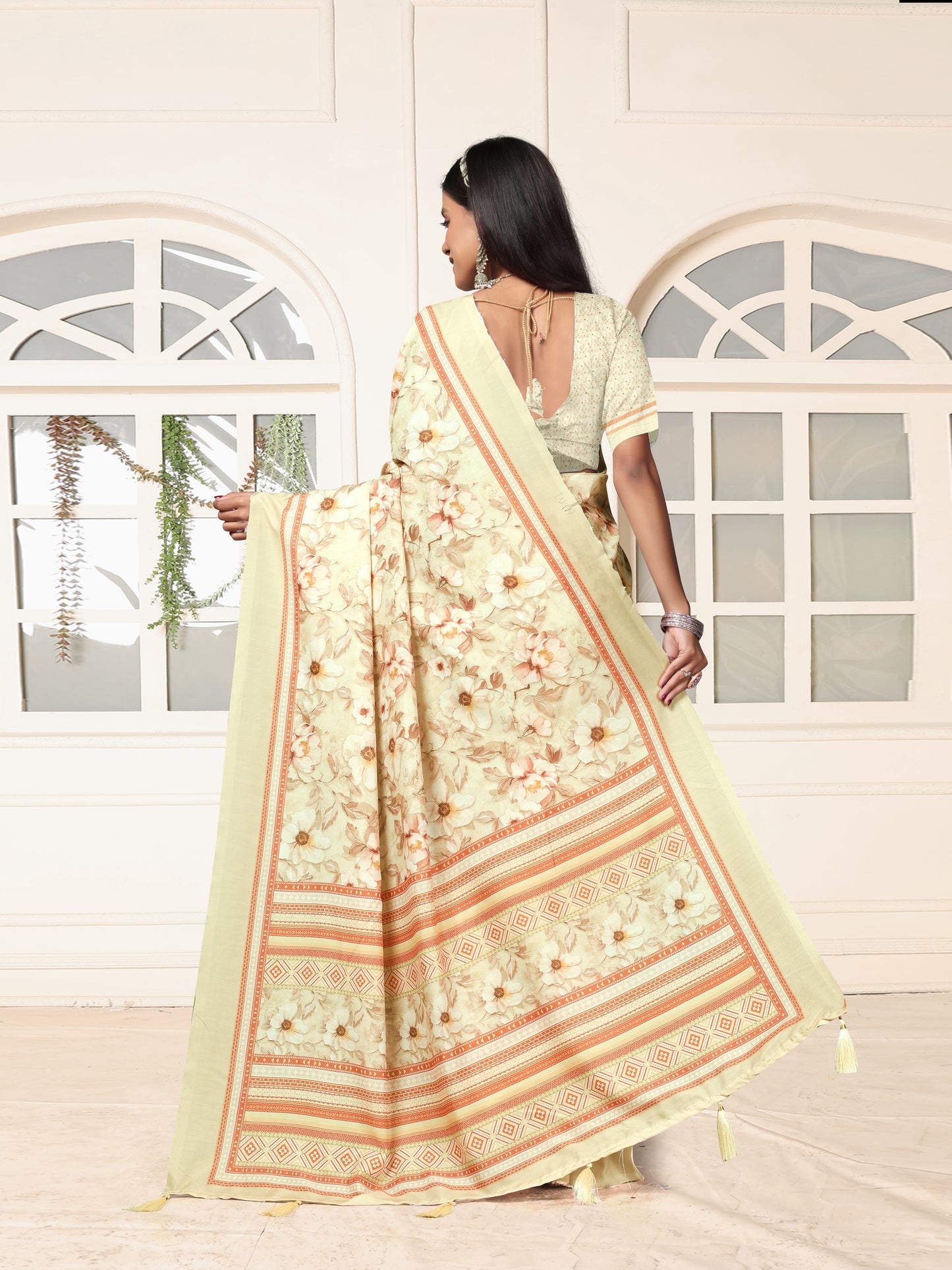 Elegant Cream Floral Print Silk Saree with Designer Border