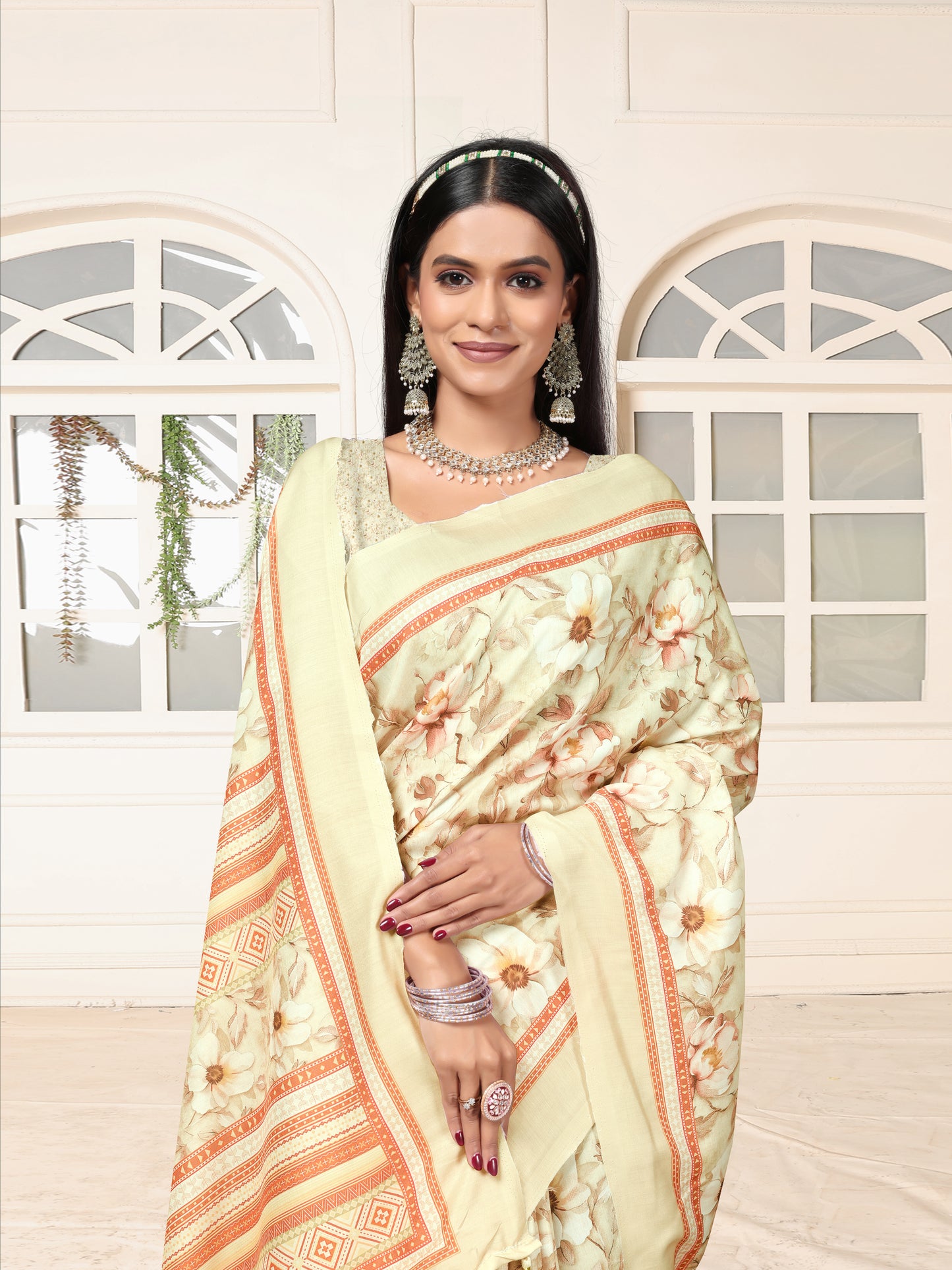 Elegant Cream Floral Print Silk Saree with Designer Border