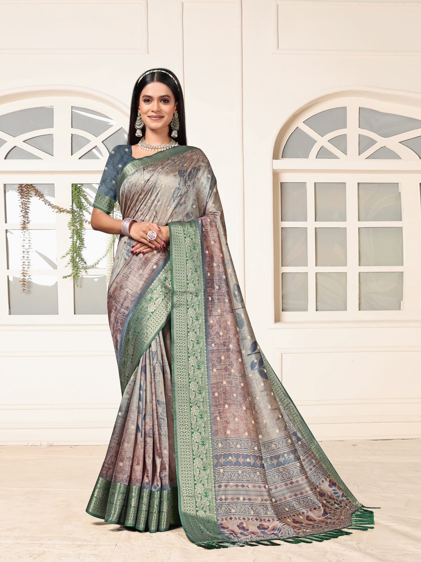 Elegant Green Woven Border Printed Silk Saree for Festive Wear