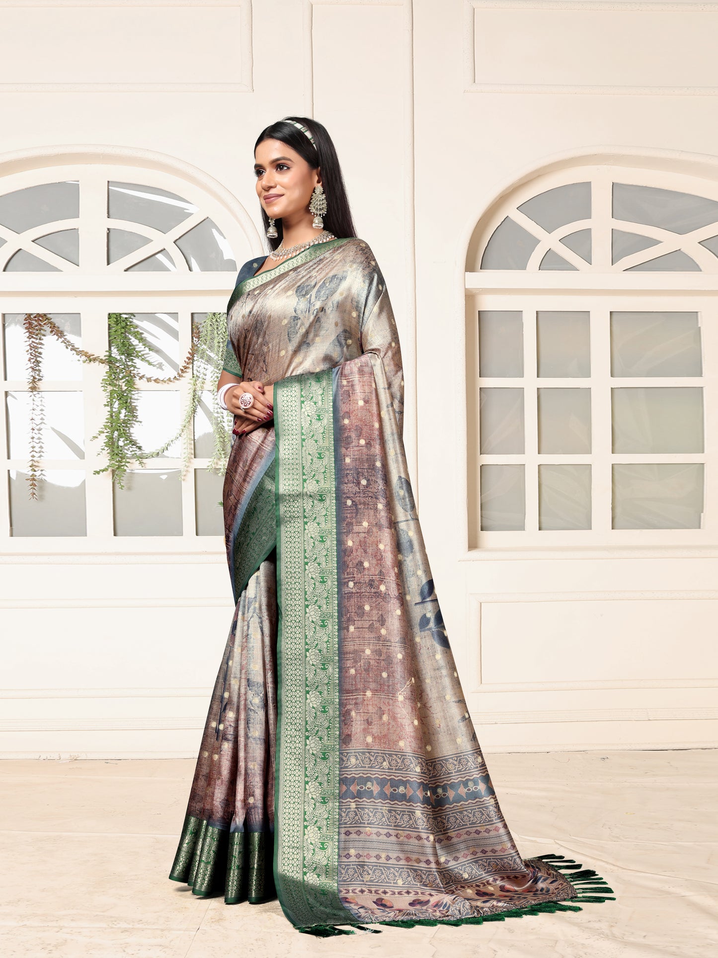 Elegant Green Woven Border Printed Silk Saree for Festive Wear
