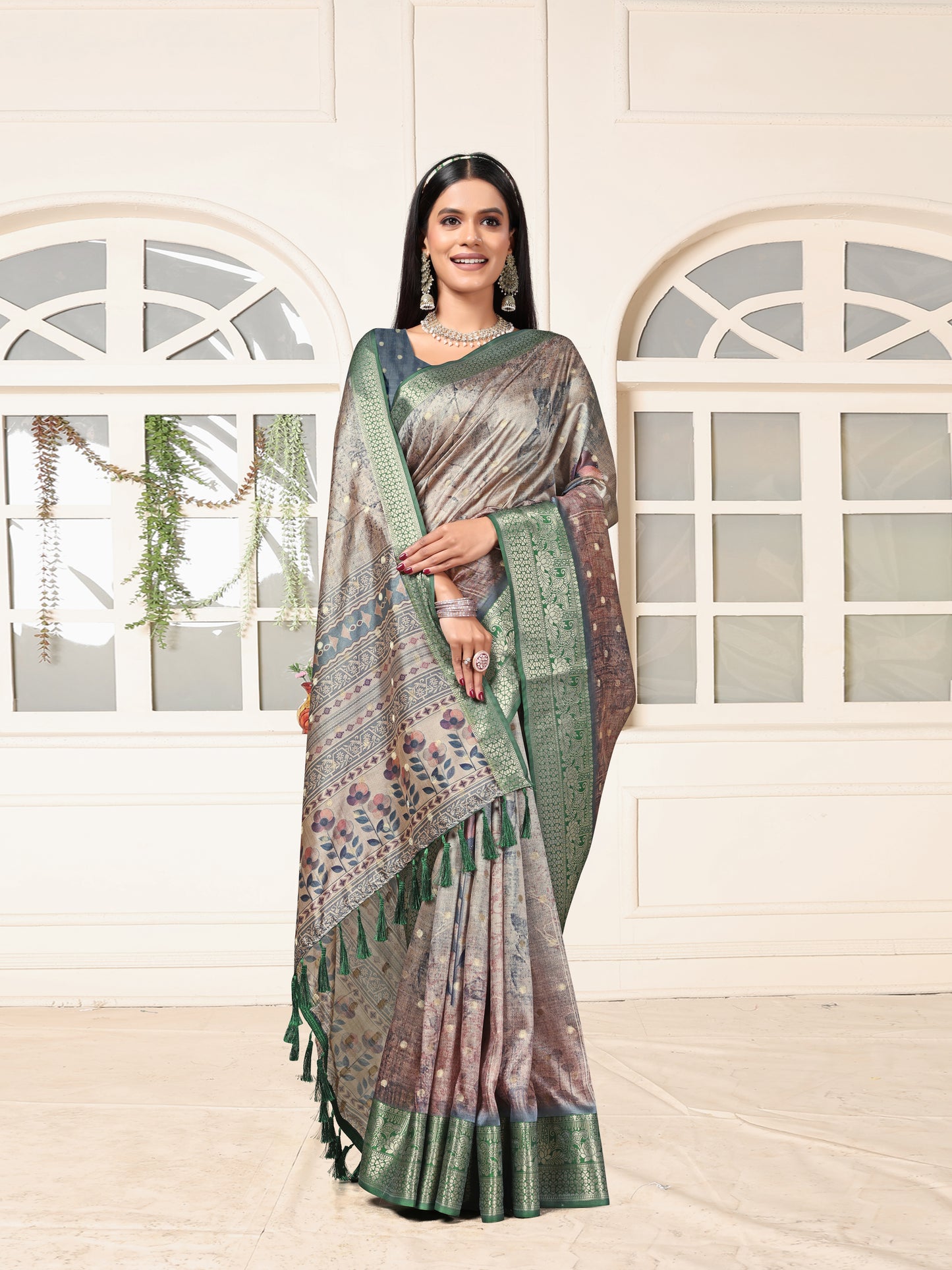 Elegant Green Woven Border Printed Silk Saree for Festive Wear