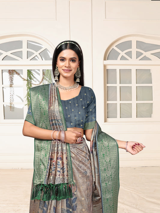 Elegant Green Woven Border Printed Silk Saree for Festive Wear