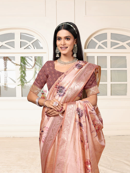 Peach Pink Woven Silk Saree with Designer Border & Ethnic Prints