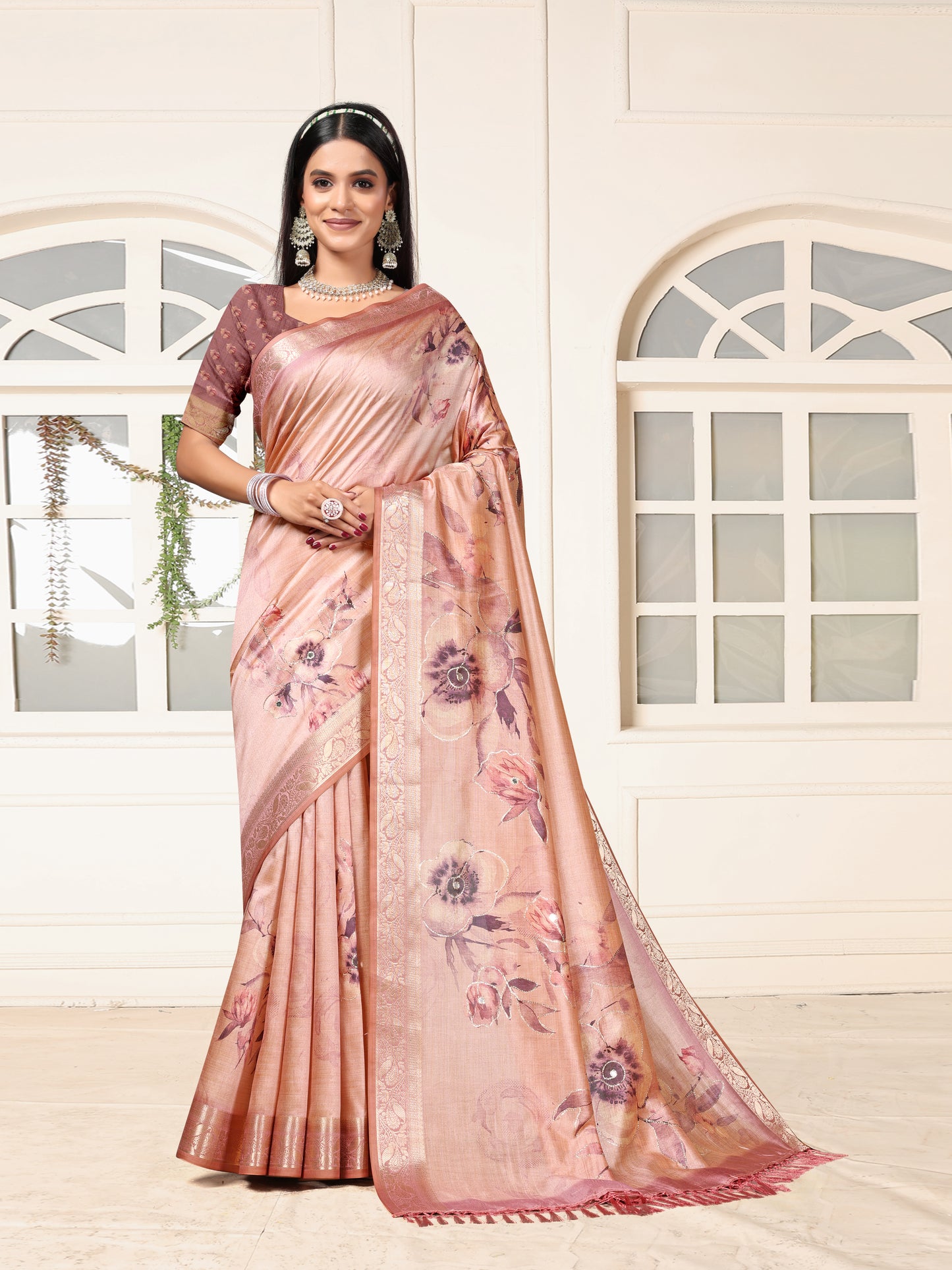 Peach Pink Woven Silk Saree with Designer Border & Ethnic Prints