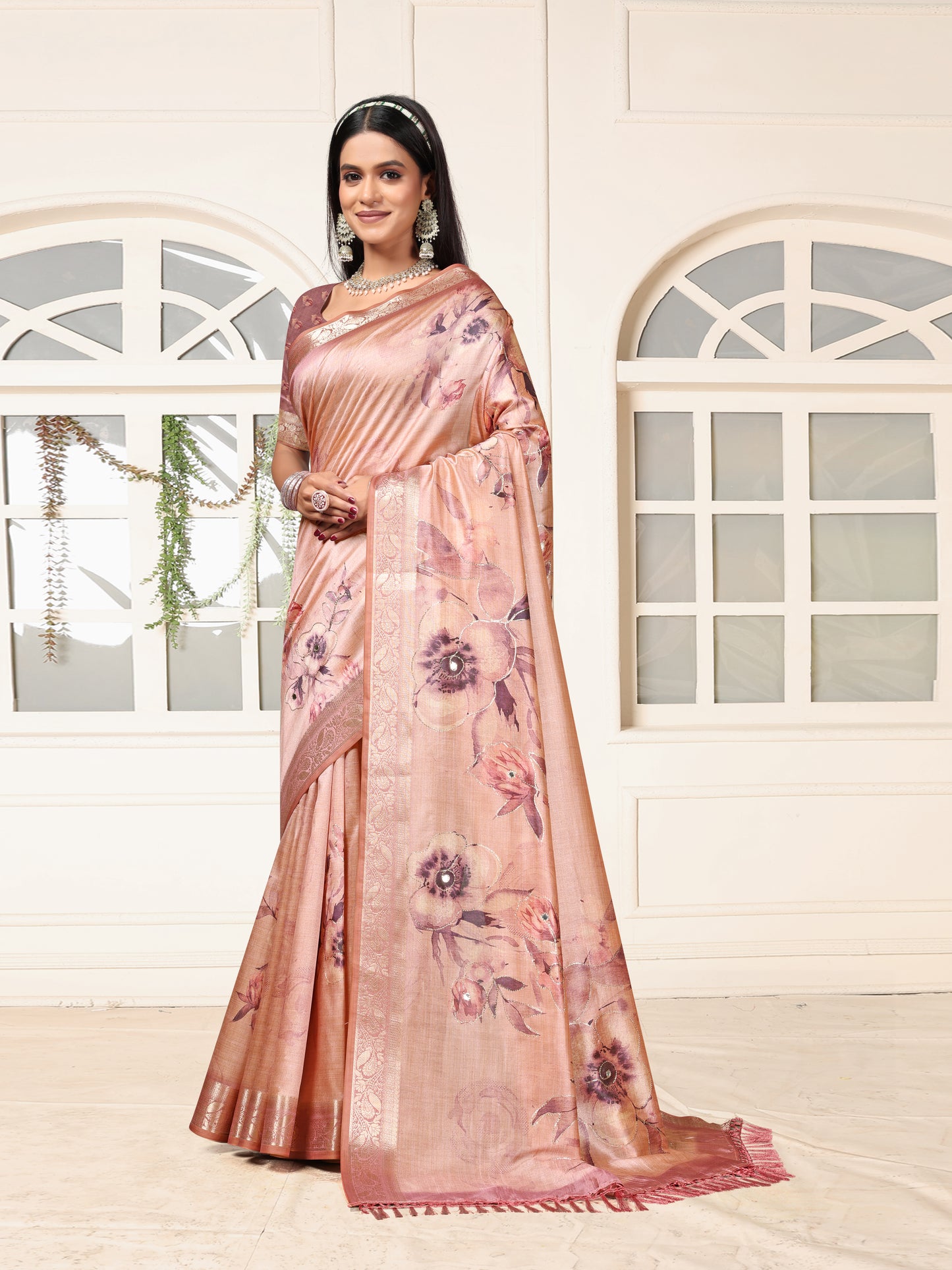 Peach Pink Woven Silk Saree with Designer Border & Ethnic Prints