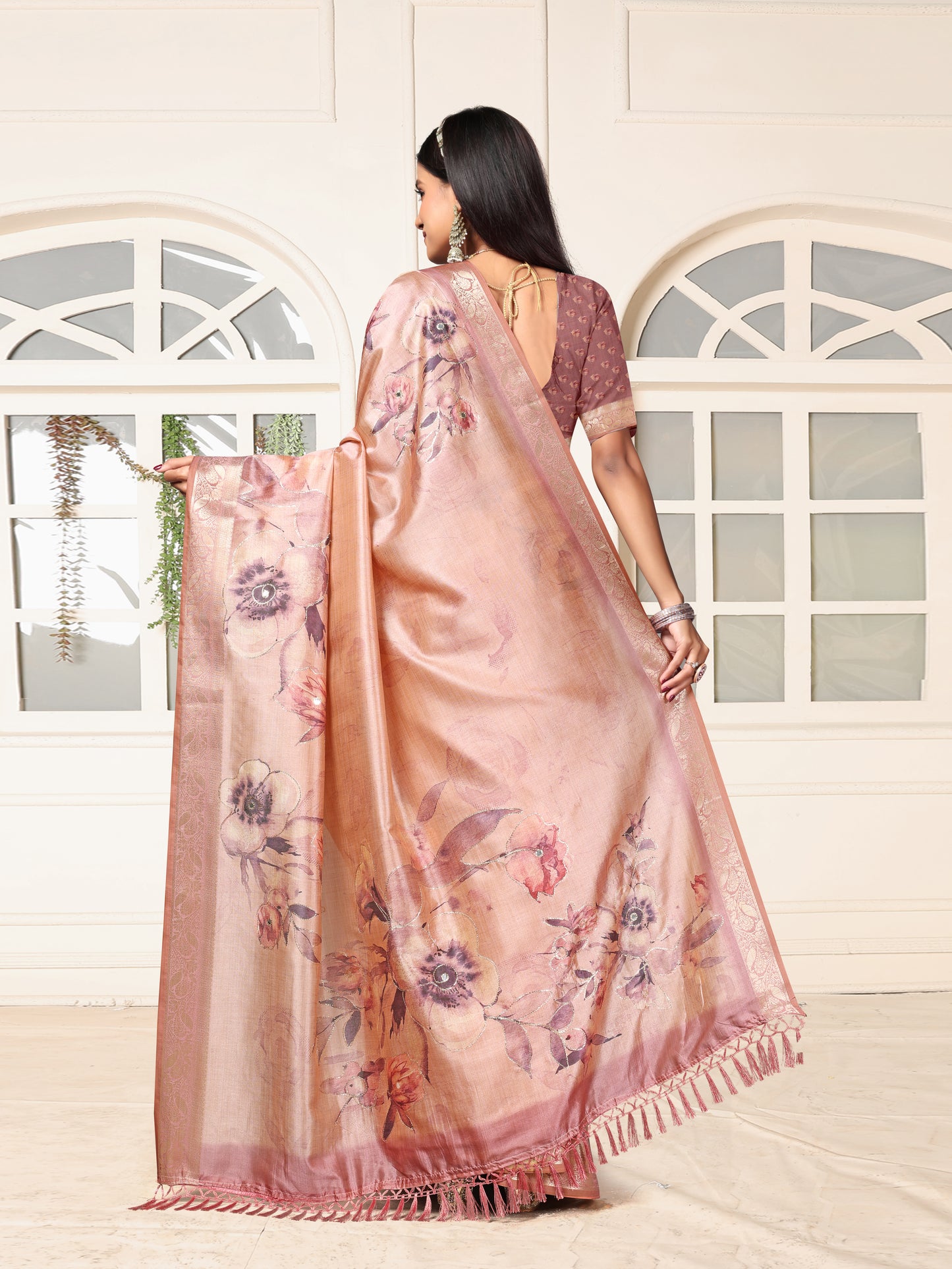 Peach Pink Woven Silk Saree with Designer Border & Ethnic Prints