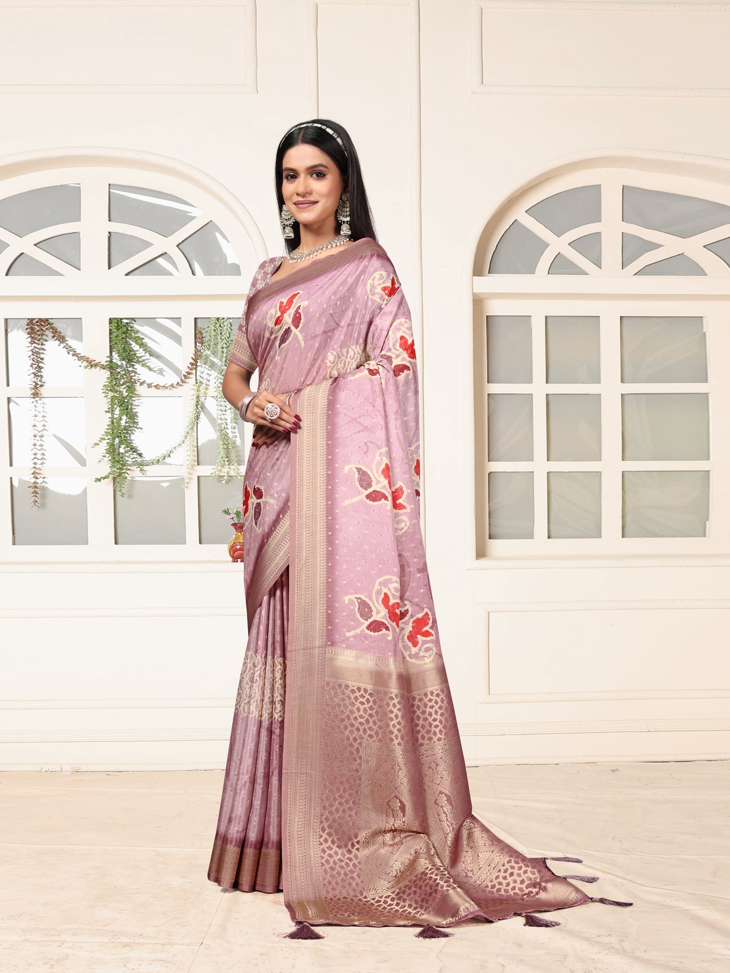 Elegant Lavender Satin Silk Saree with Floral & Zari Weaving