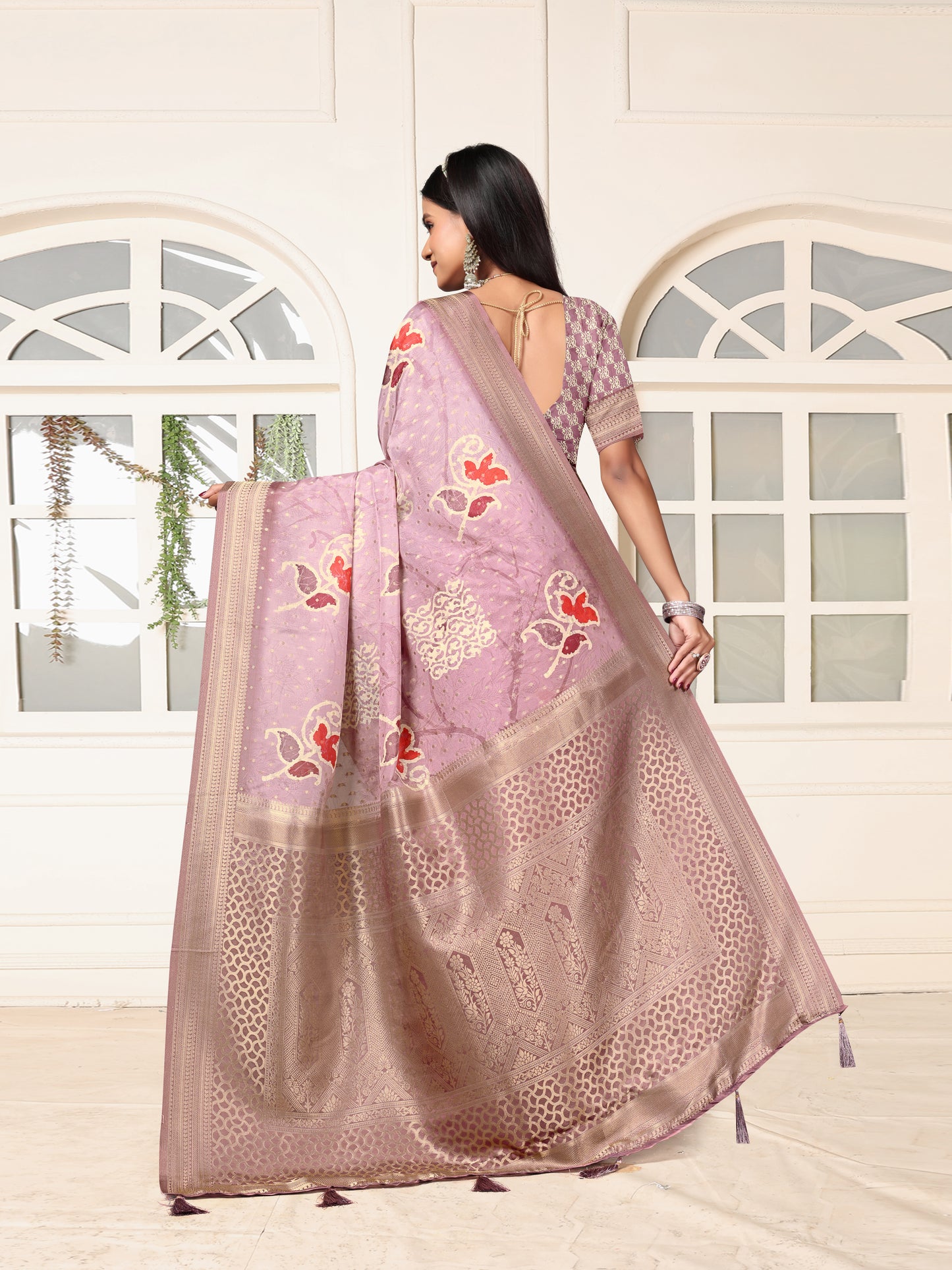 Elegant Lavender Satin Silk Saree with Floral & Zari Weaving