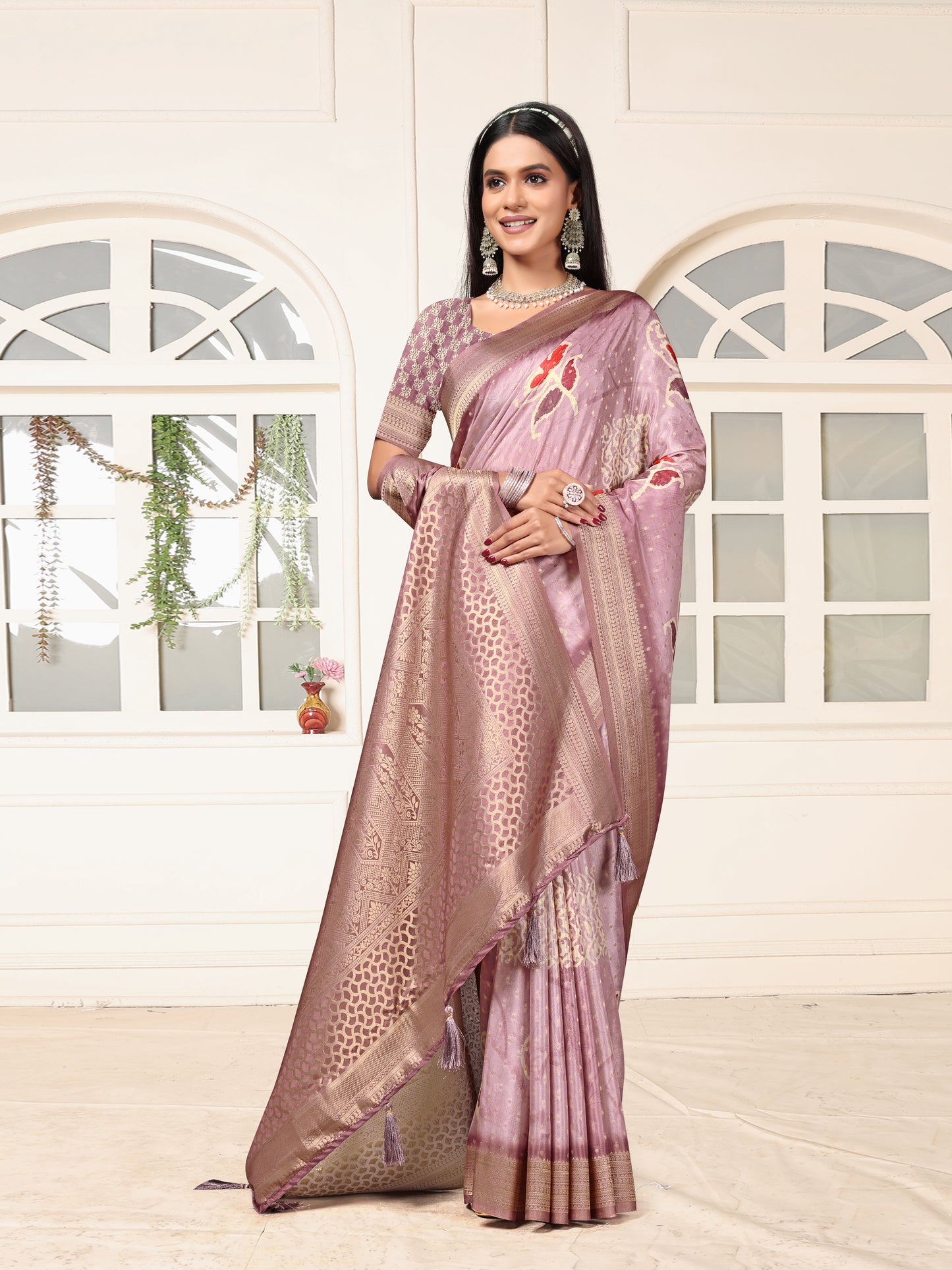 Elegant Lavender Satin Silk Saree with Floral & Zari Weaving