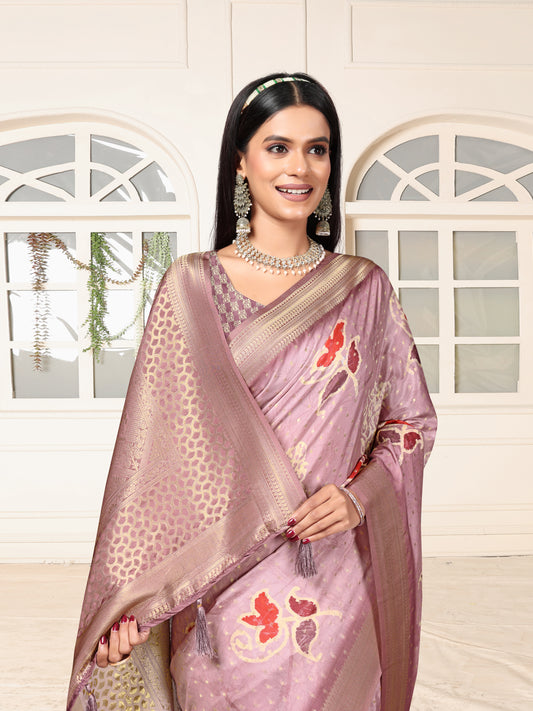 Elegant Lavender Satin Silk Saree with Floral & Zari Weaving