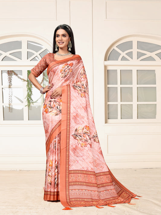 Elegant Peach Floral Printed Dolla Silk Saree with Designer Border