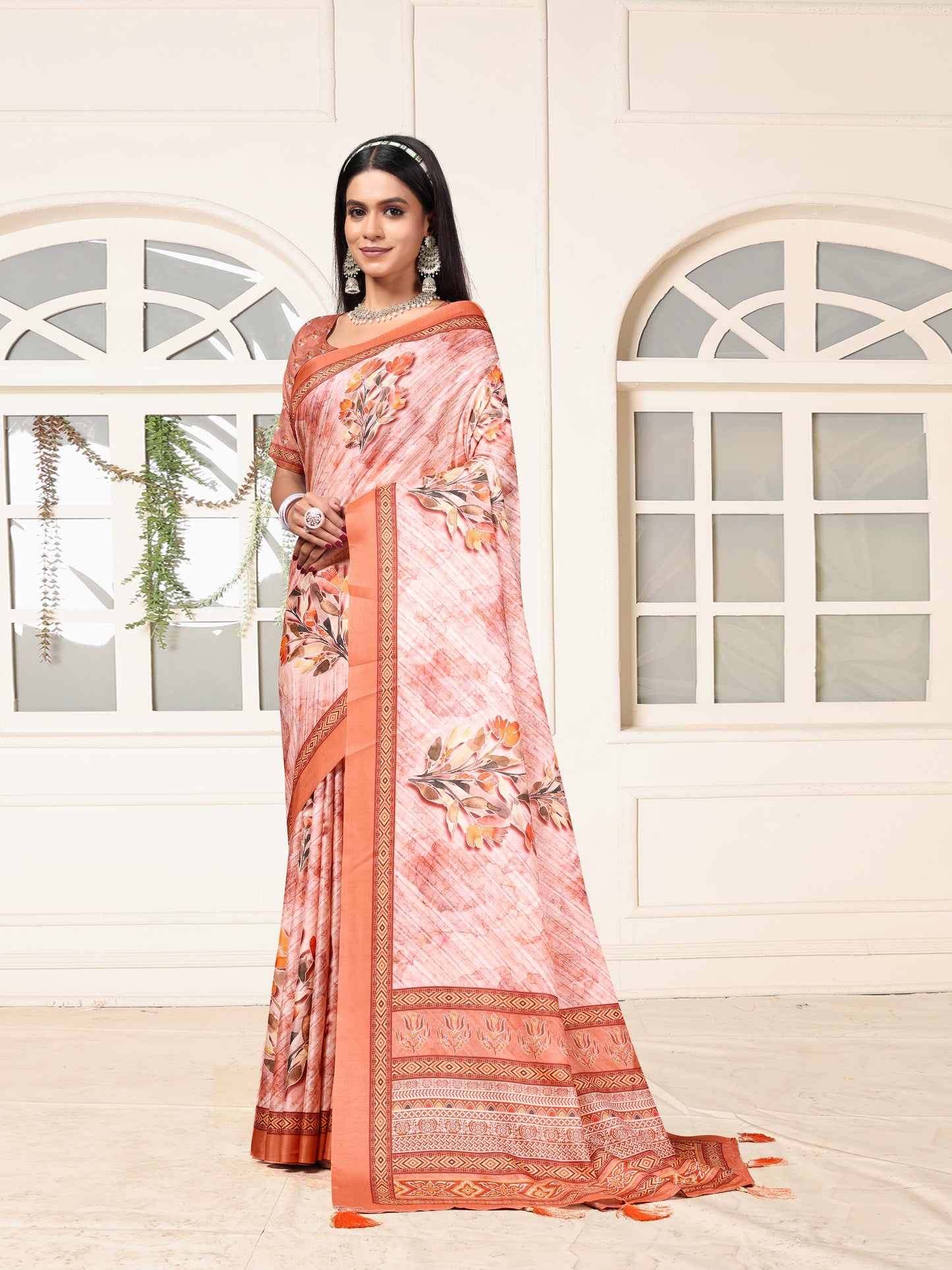 Elegant Peach Floral Printed Dolla Silk Saree with Designer Border