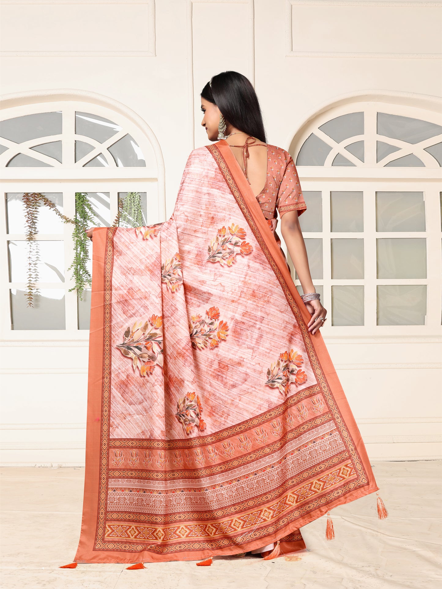 Elegant Peach Floral Printed Dolla Silk Saree with Designer Border