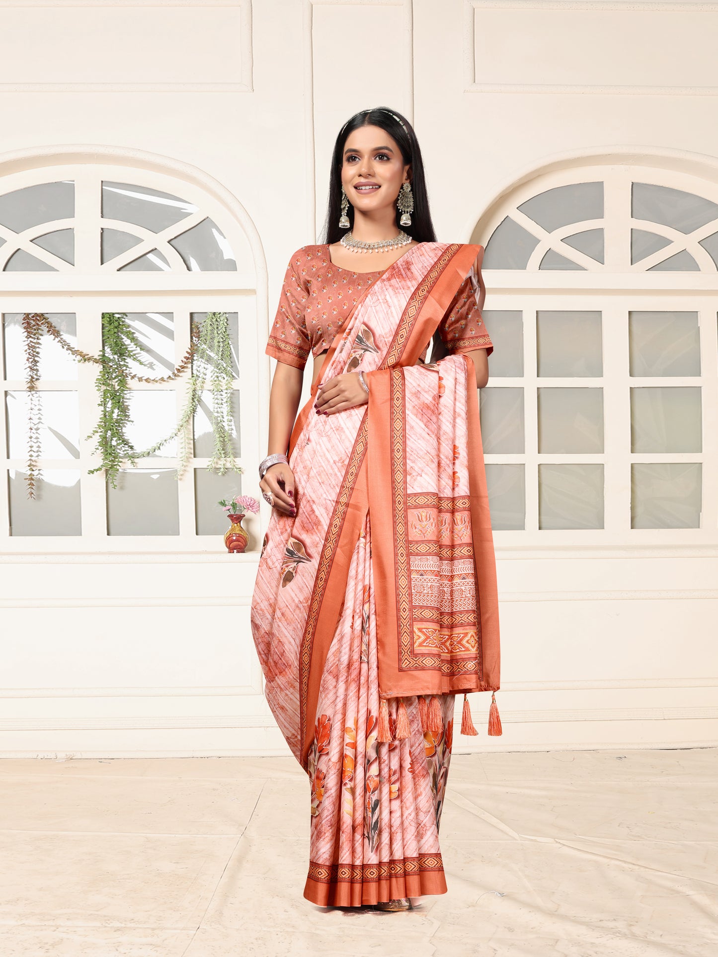 Elegant Peach Floral Printed Dolla Silk Saree with Designer Border