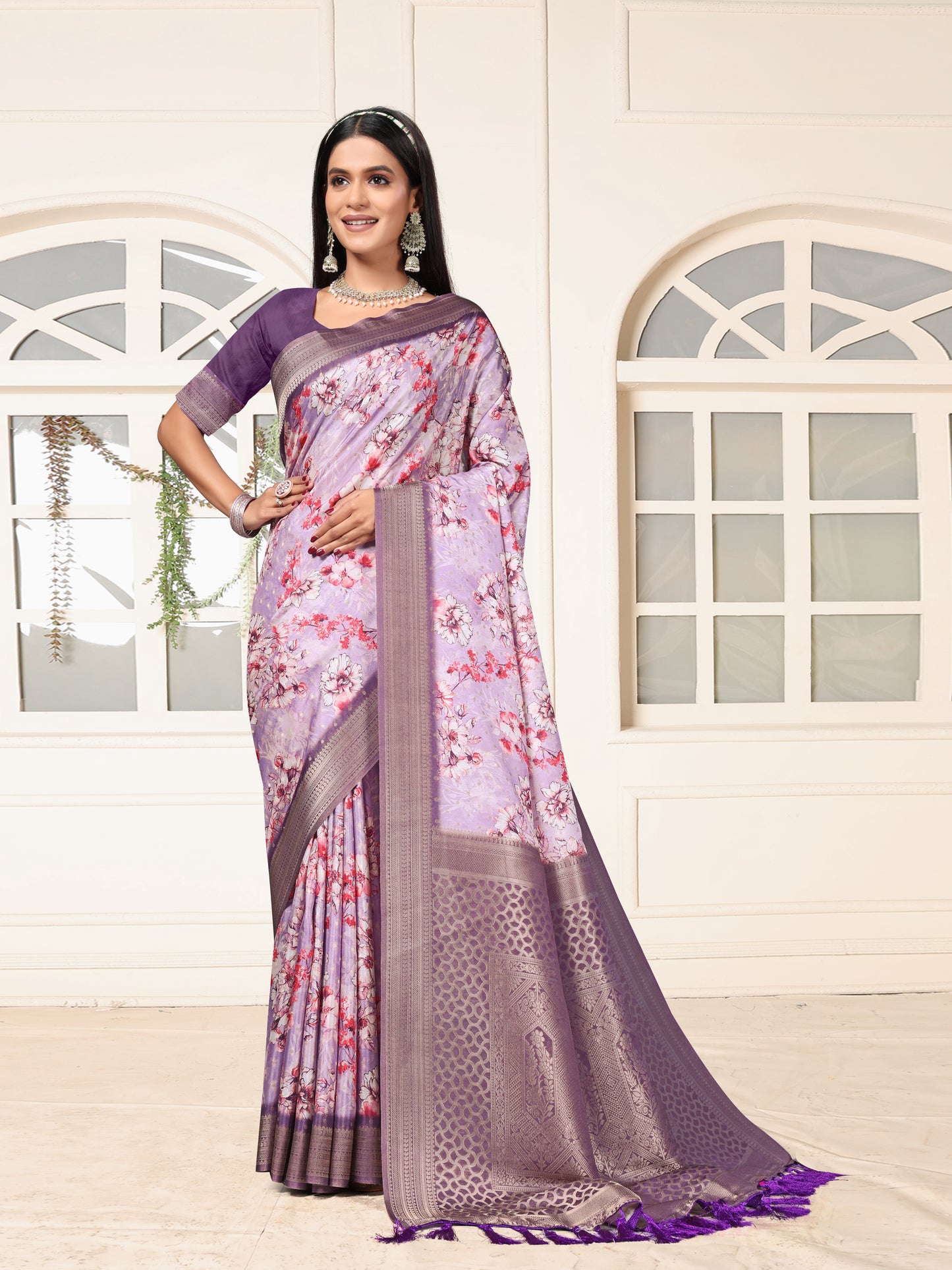 Graceful Lavender Floral Satin Silk Saree with Rich Designer Border