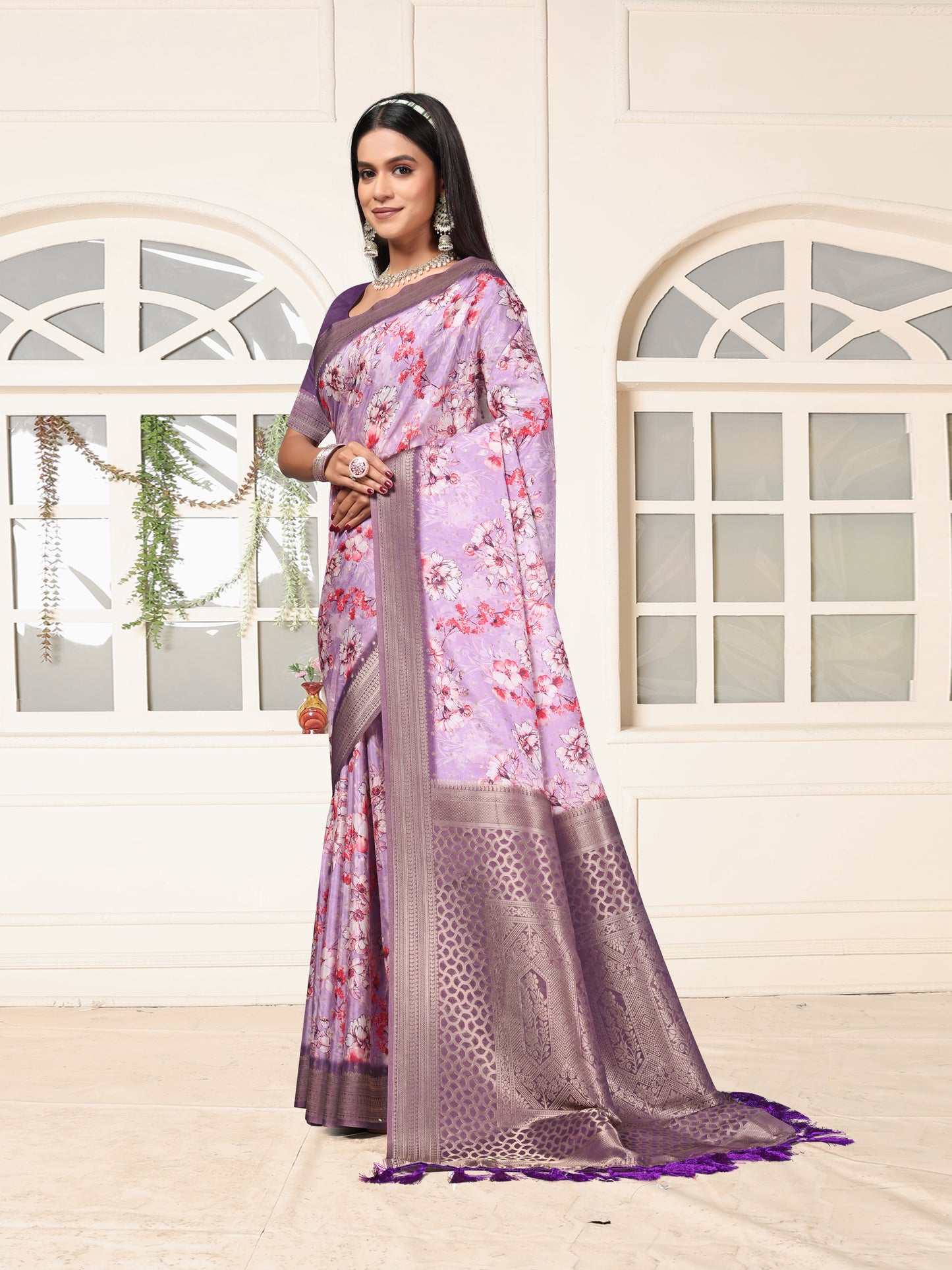 Graceful Lavender Floral Satin Silk Saree with Rich Designer Border
