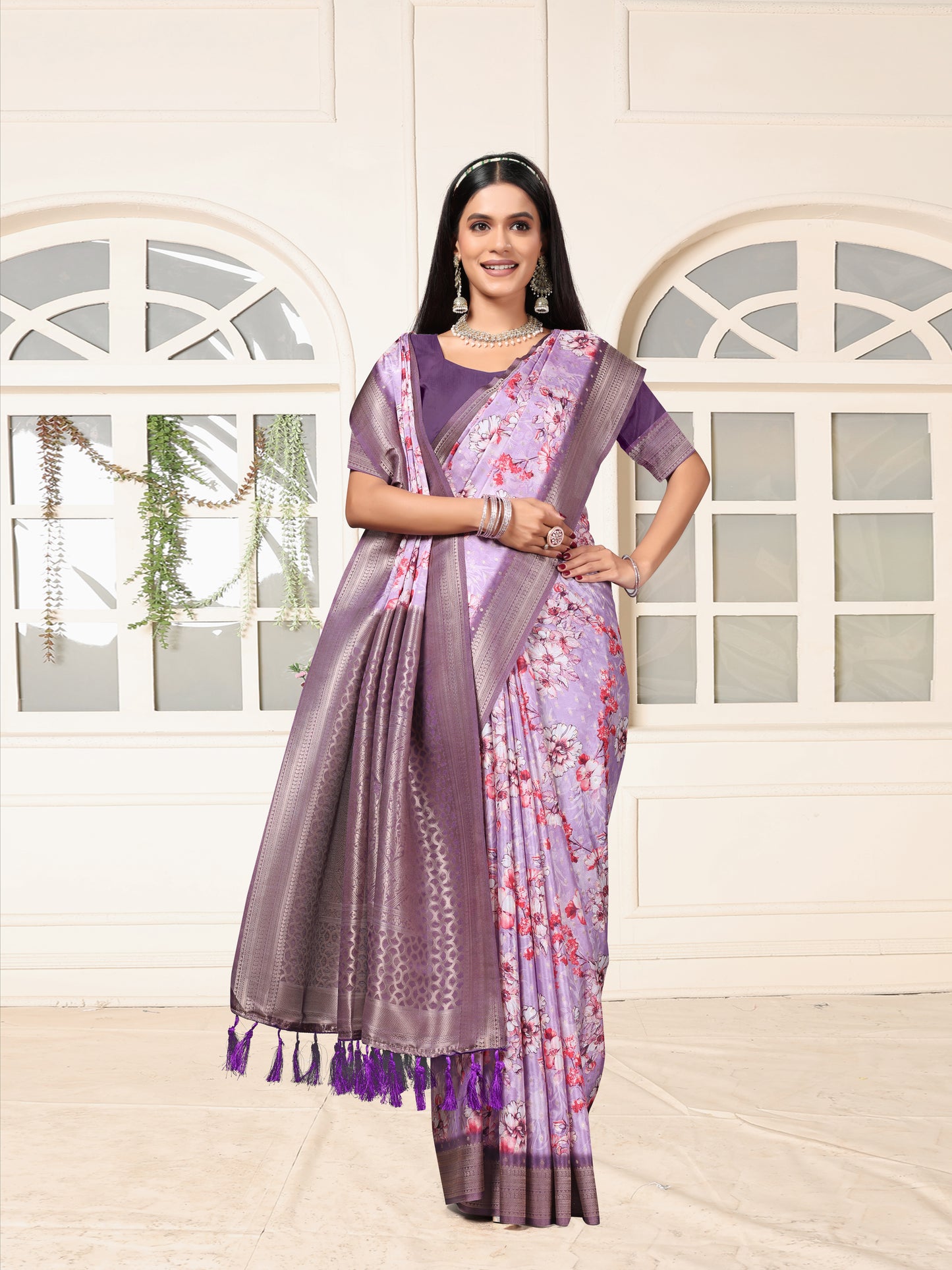 Graceful Lavender Floral Satin Silk Saree with Rich Designer Border