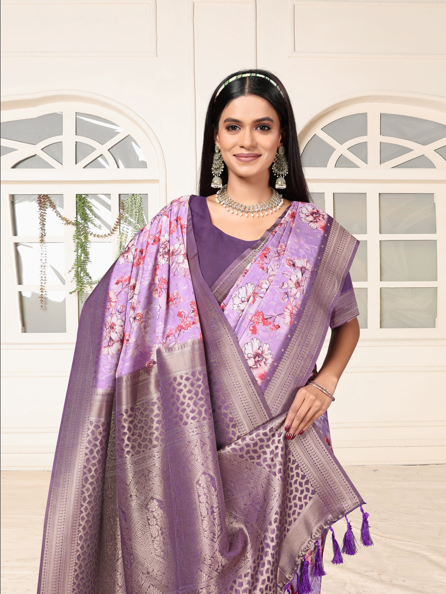 Graceful Lavender Floral Satin Silk Saree with Rich Designer Border